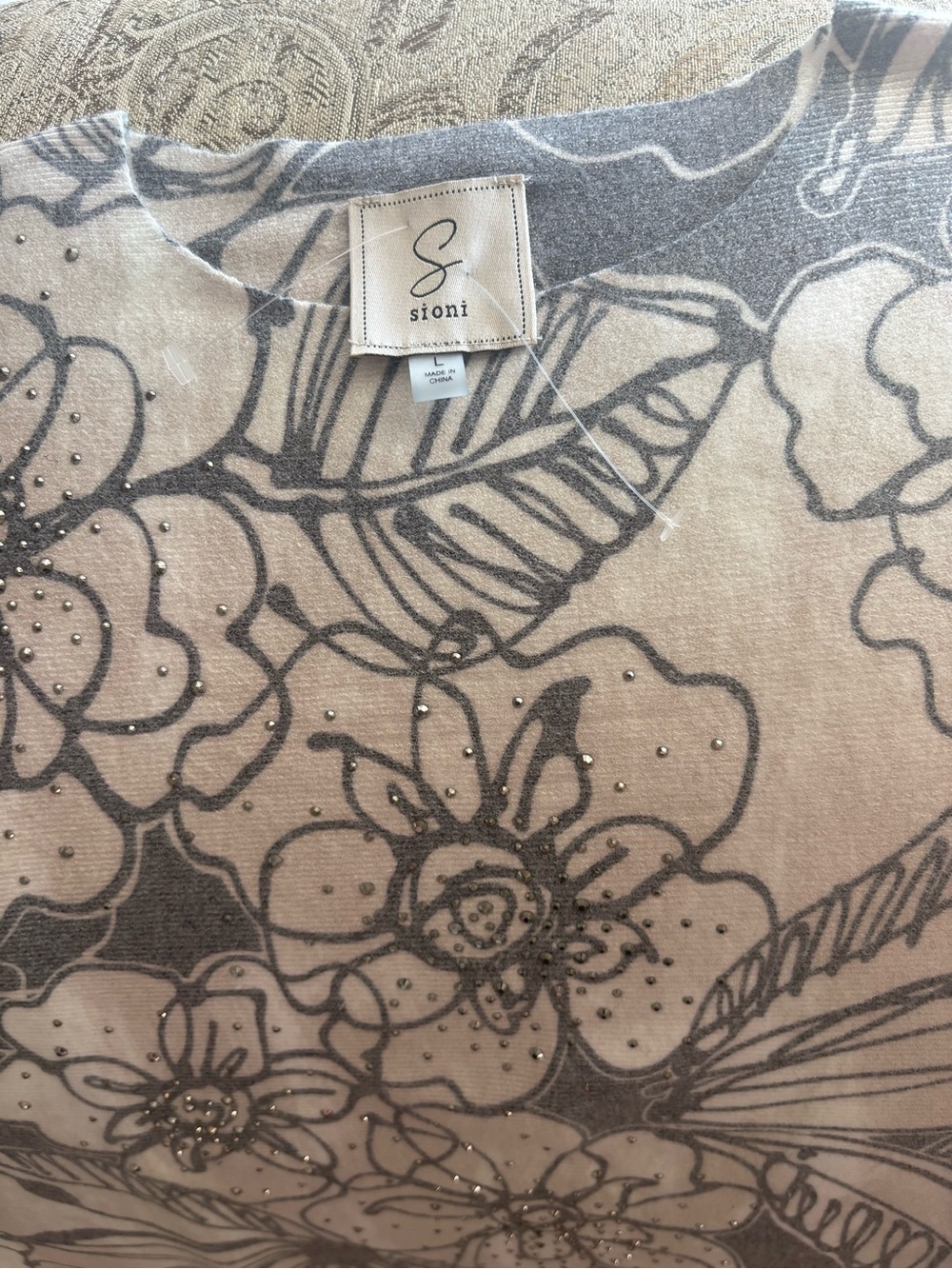 Sioni Beige and Gray Floral Rhinestone Knit sweater crew neck